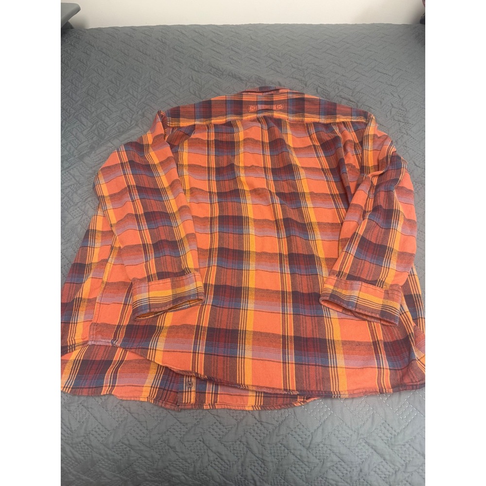 Duluth Trading Co Mens 2XL Relaxed Fit Plaid Flannel Shirt Orange Blue Cotton